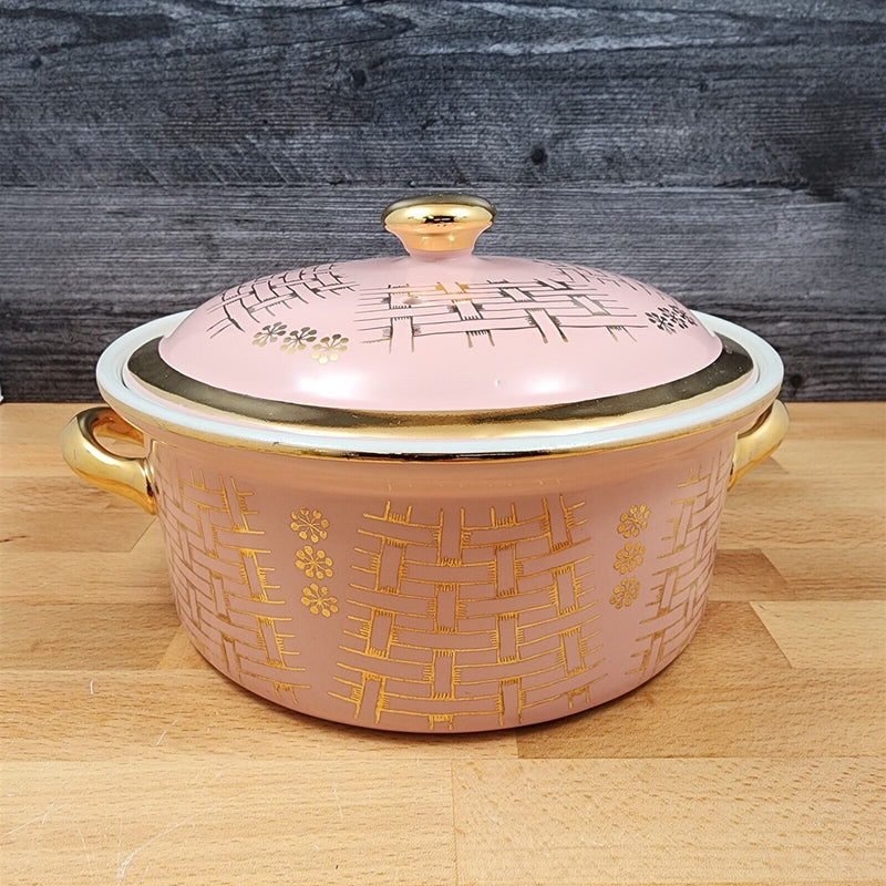 Load image into Gallery viewer, Hall Gold Label Pink Basket Weave Casserole Dish with Cover Lid 1.75 Qt Bowl #76