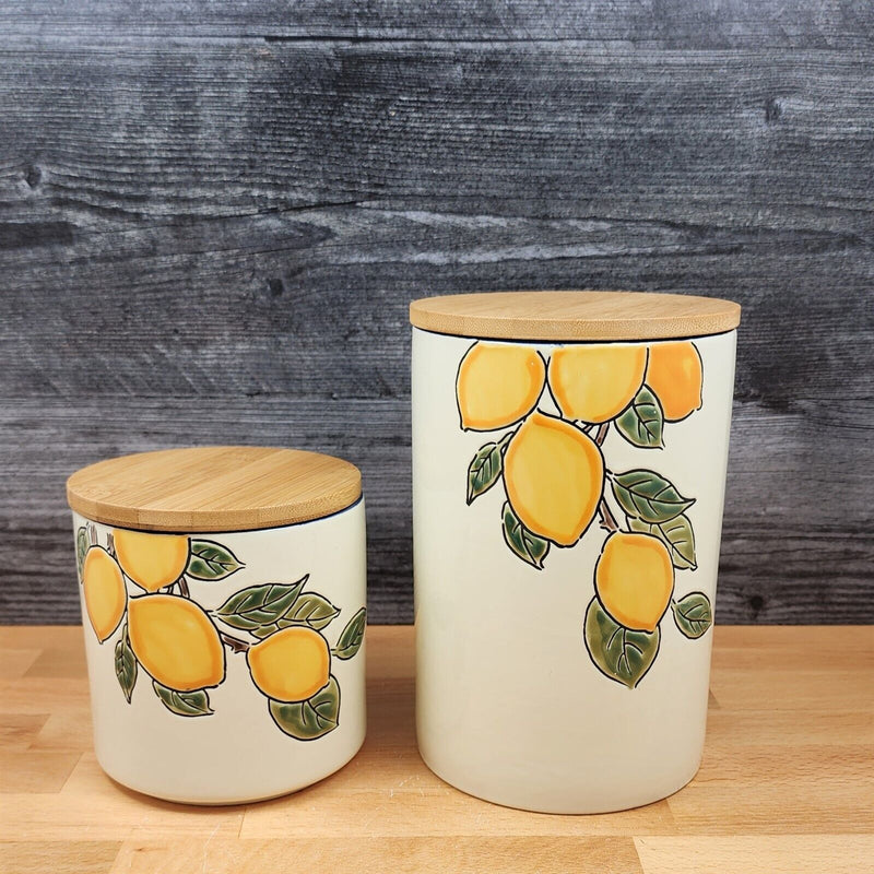 Load image into Gallery viewer, Lemon Bloom Fruit Canister Embossed Set by Blue Sky 4" & 7" Kitchen Home Décor