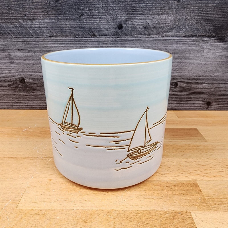 Load image into Gallery viewer, Sail Boat Coastal Canister Embossed Set by Blue Sky 4" & 5" Ceramic Home Jars