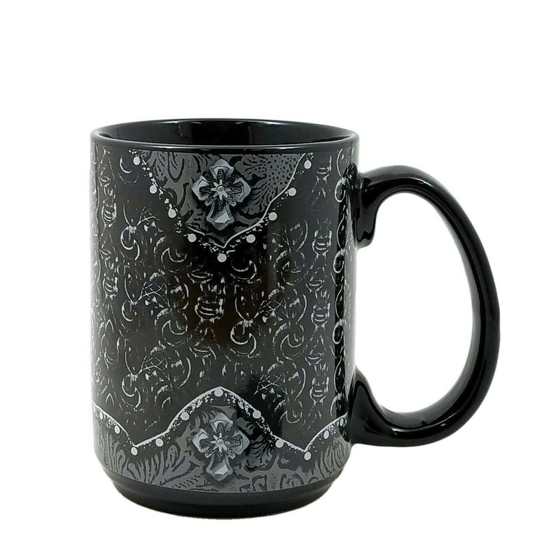 Load image into Gallery viewer, Western Moments Cowboy Cowgirl Coffee Mug Ceramic Tooled Cross Black 16oz New