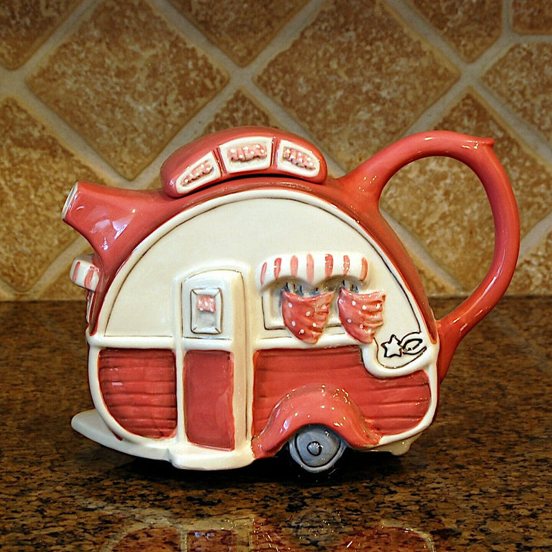Load image into Gallery viewer, Caravan Teapot Pink Collectible Decorative Home Decor Blue Sky Clayworks
