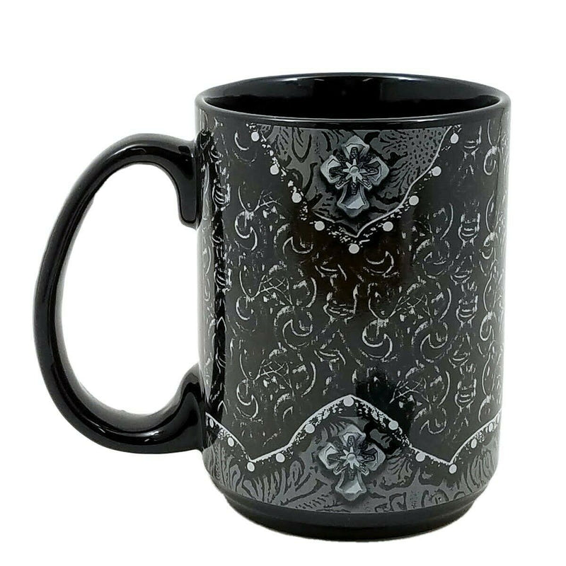 Load image into Gallery viewer, Western Moments Cowboy Cowgirl Coffee Mug Ceramic Tooled Cross Black 16oz New