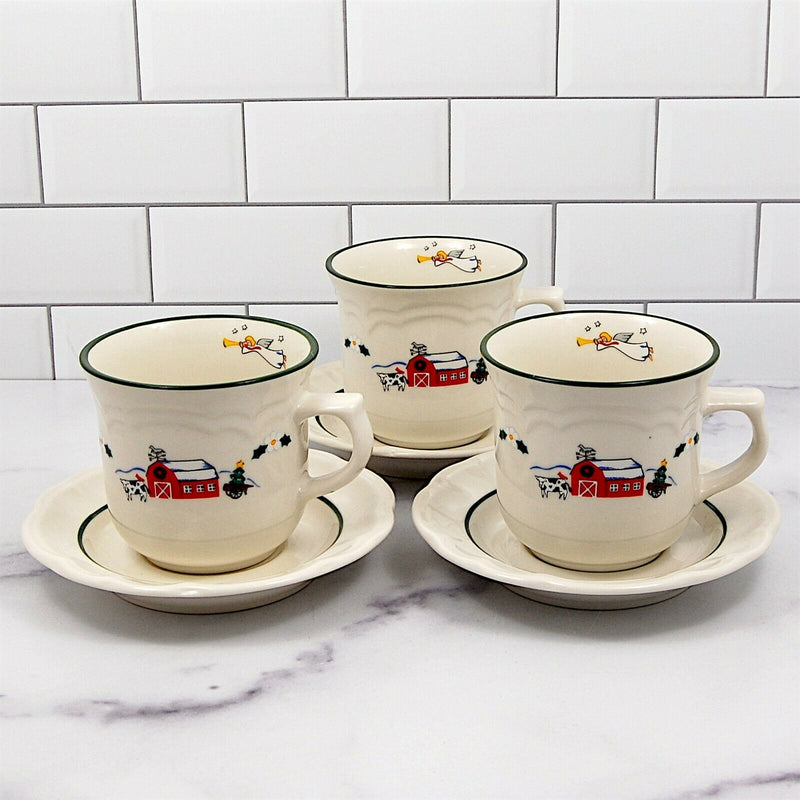 Load image into Gallery viewer, Pfaltzgraff Saucer & Tea Cup Set of 3 Snow Village Barn Angel Ceramic Coffee Mug