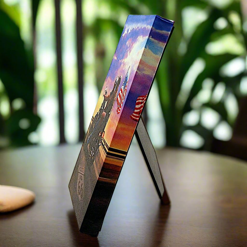 Load image into Gallery viewer, LED Lit Tabletop Picture Art of Bikers Riders on Route 66 with American Flag