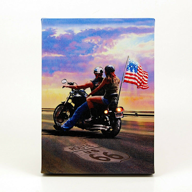 Load image into Gallery viewer, LED Lit Tabletop Picture Art of Bikers Riders on Route 66 with American Flag