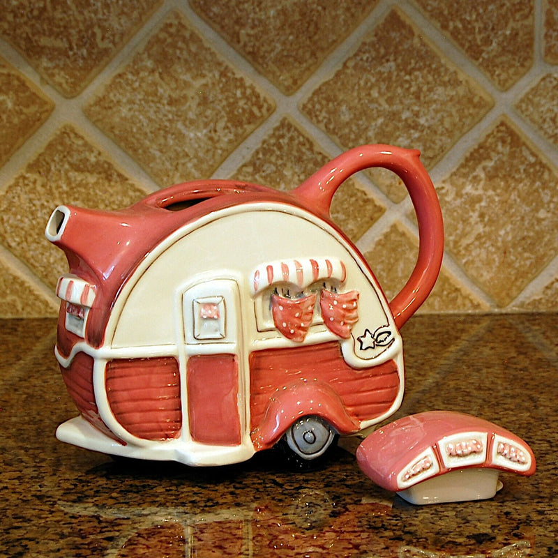 Load image into Gallery viewer, Caravan Teapot Pink Collectible Decorative Home Decor Blue Sky Clayworks