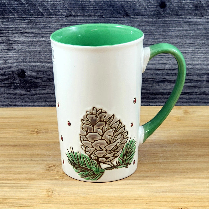 Load image into Gallery viewer, Coffee Mug Christmas Pine Cone Holiday Green Embossed Cup Ceramic Blue Sky 17oz

