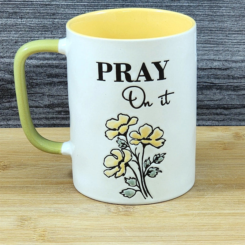 Load image into Gallery viewer, Religious Pray on it Coffee Mug Floral Yellow Green Embossed 18 oz Cup Blue Sky
