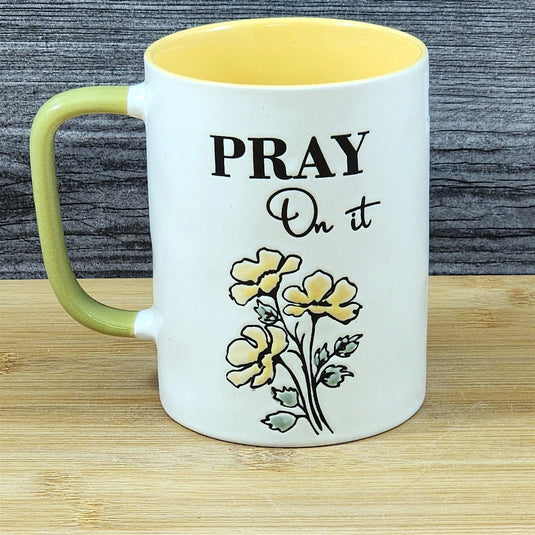 Religious Pray on it Coffee Mug Floral Yellow Green Embossed 18 oz Cup Blue Sky