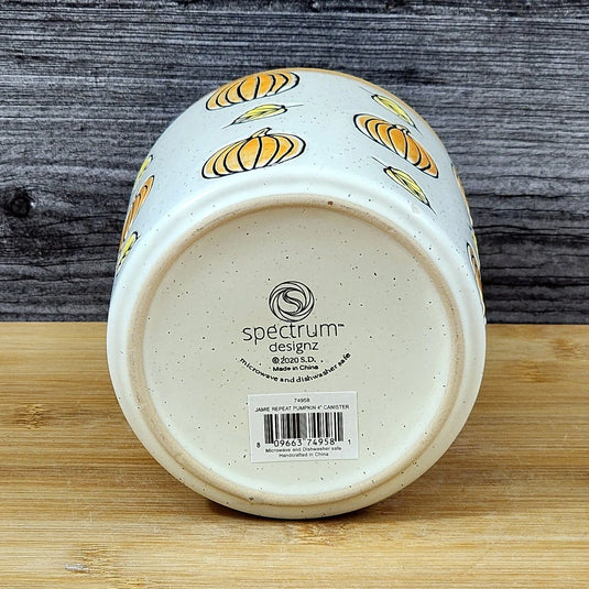 Fall Pumpkin Canister & Bamboo Lid Embossed 4" Ceramic Yellow Jar Blue Sky