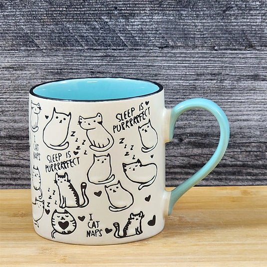 Sleeping Cats Coffee Mug Ceramic Tea Cup Embossed Napping Kittens Blue Sky 18oz