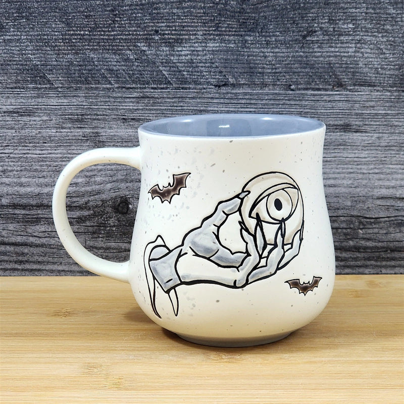Load image into Gallery viewer, Gothic Skeleton Hand Eye Coffee Mug Halloween Bat Ceramic Tea Cup Blue Sky 18oz
