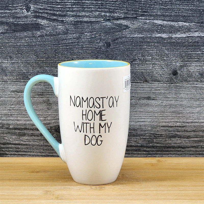 Load image into Gallery viewer, Namast'ay Home With My Dog Coffee Mug Embossed White Ceramic Tea Cup Blue Sky
