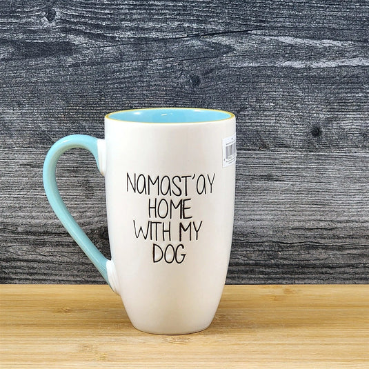 Namast'ay Home With My Dog Coffee Mug Embossed White Ceramic Tea Cup Blue Sky