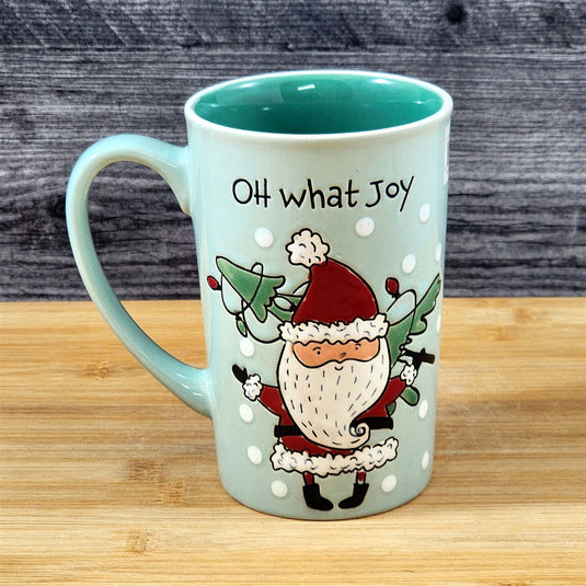Coffee Mug Christmas Holiday Santa Green Embossed Tea Cup Ceramic Blue Sky 17oz