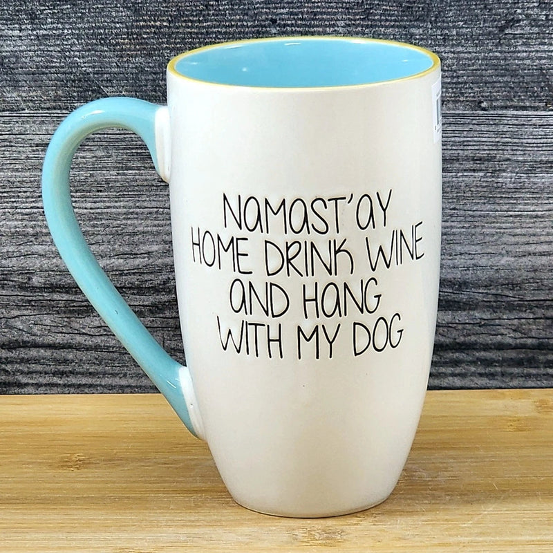Load image into Gallery viewer, Namast'ay Home With My Dogs and Wine Coffee Mug Embossed Ceramic Cup Blue Sky
