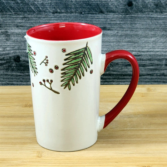 Christmas Coffee Mug Pine Berry Holiday Red Embossed Cup Ceramic Blue Sky 17oz