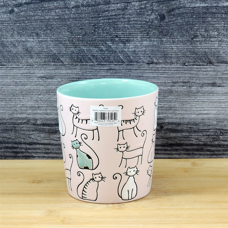 Load image into Gallery viewer, Cat Lover Coffee Mug Embossed Ceramic Tea Cup Blue Sky Pastel Pink 18oz
