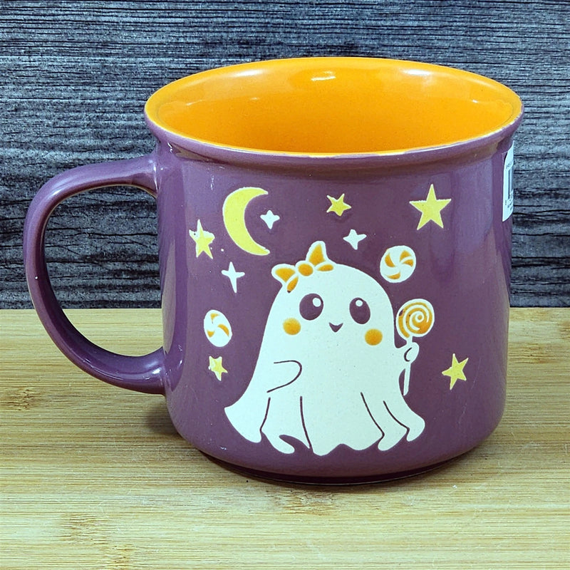 Load image into Gallery viewer, Whimsical Ghost Mug Halloween Ceramic Coffee Tea Cup Orange Purple Blue Sky 17oz
