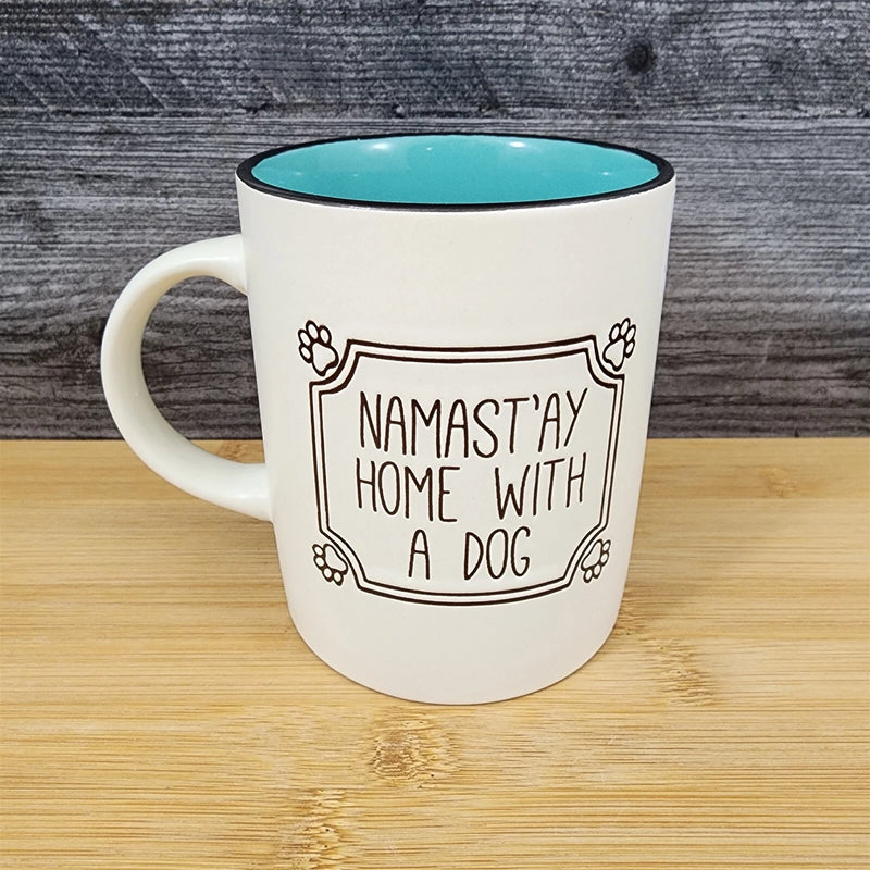 Load image into Gallery viewer, Namast'ay Home With A Dog Coffee Mug Embossed Ceramic White Tea Cup by Blue Sky
