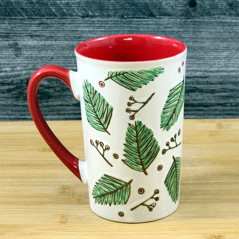 Load image into Gallery viewer, Coffee Mug Christmas Winter Pine Holiday Red Embossed Cup Ceramic Blue Sky 17oz
