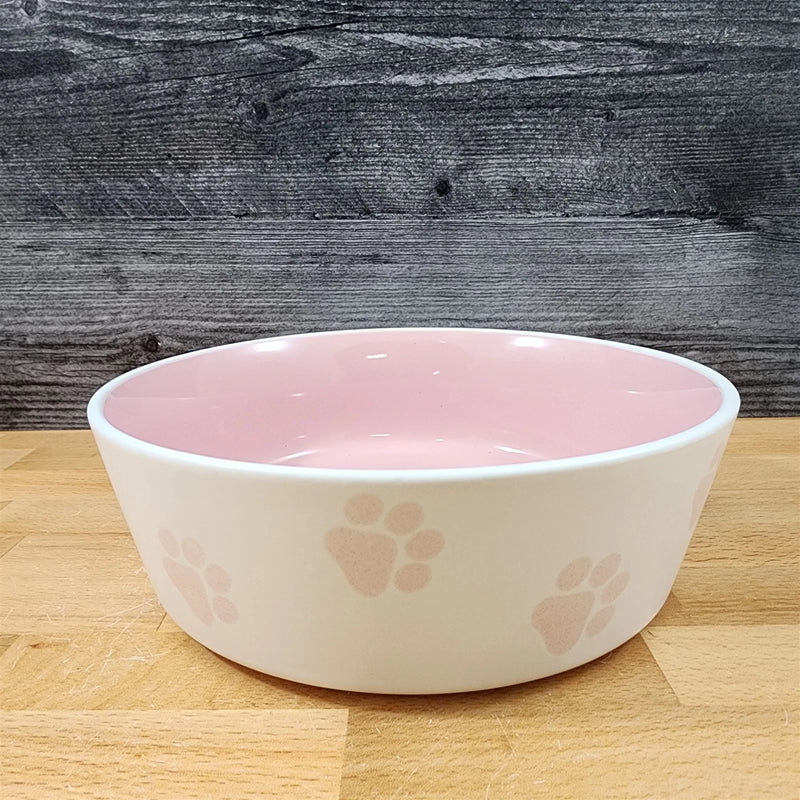 Load image into Gallery viewer, Dog Water Food Bowl Embossed Treat Dish Ceramic Pink Inside by Blue Sky
