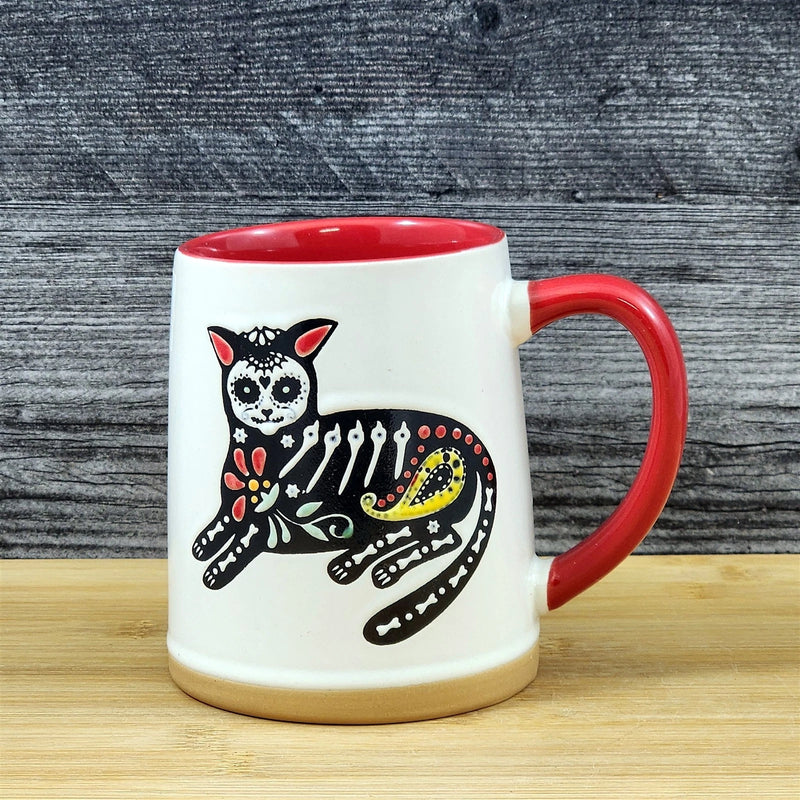 Load image into Gallery viewer, Halloween Day of the Dead Whimsical Cat Coffee Mug Red Ceramic Cup Blue Sky
