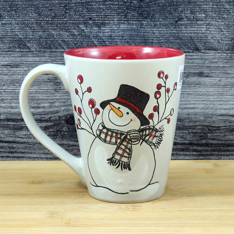 Load image into Gallery viewer, Christmas Snowman Holiday Coffee Mug Red Berry Ceramic Embossed Tea Cup Blue Sky
