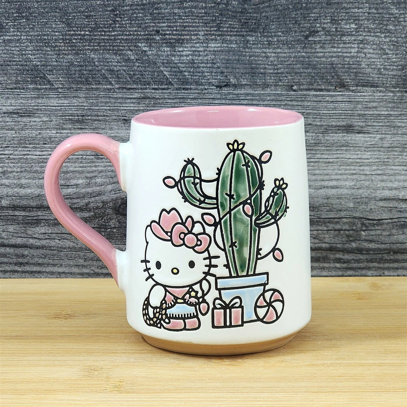 Load image into Gallery viewer, Hello Kitty Holiday Cactus Coffee Mug Ceramic Pink Tea Cup Blue Sky Embossed

