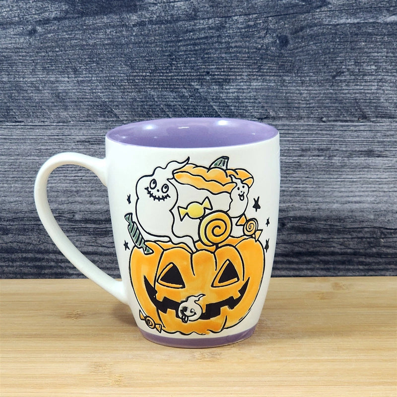 Load image into Gallery viewer, Halloween Coffee Mug Jack-O-Lantern Whimsical Purple Tea Cup Ceramic Blue Sky 18
