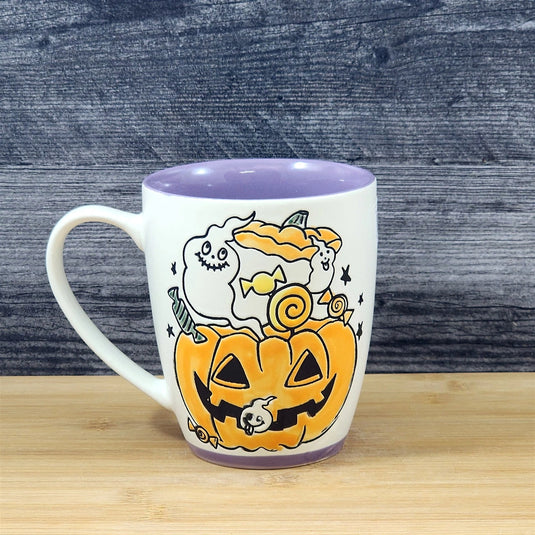 Halloween Coffee Mug Jack-O-Lantern Whimsical Purple Tea Cup Ceramic Blue Sky 18