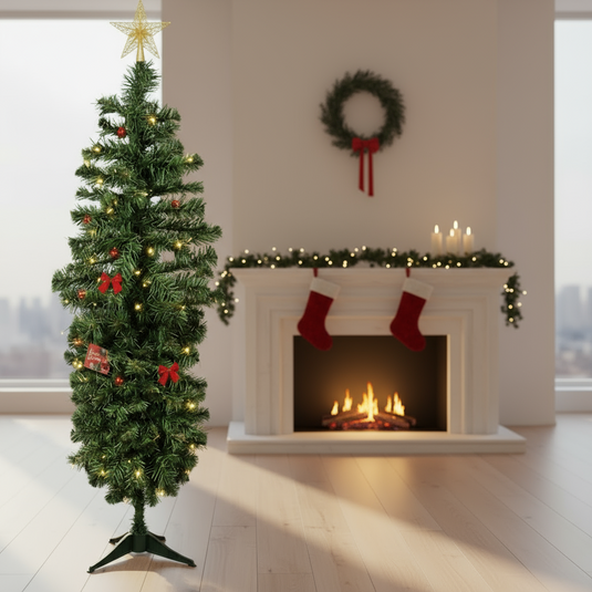 Christmas Tree Green Artificial Slim Includes Plastic Stand 5 Foot