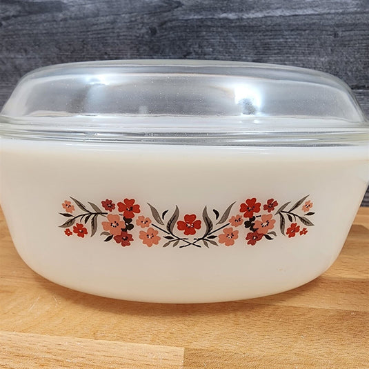 Fire King Casserole Baking Pan Milk White Glass Floral Design with Lid 2qt