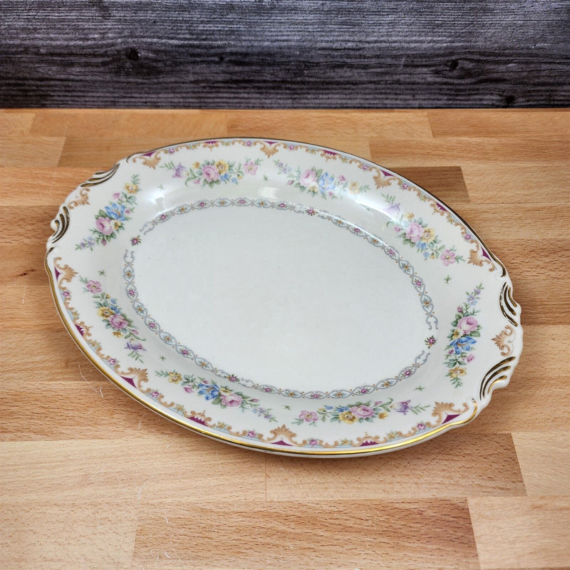 Load image into Gallery viewer, Marlene by Syracuse Oval Serving Platter 12&quot; Floral Sprays Maroon &amp; Blue Border
