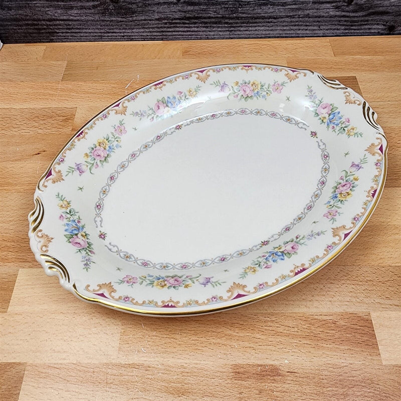 Load image into Gallery viewer, Marlene by Syracuse Oval Serving Platter 12&quot; Floral Sprays Maroon &amp; Blue Border
