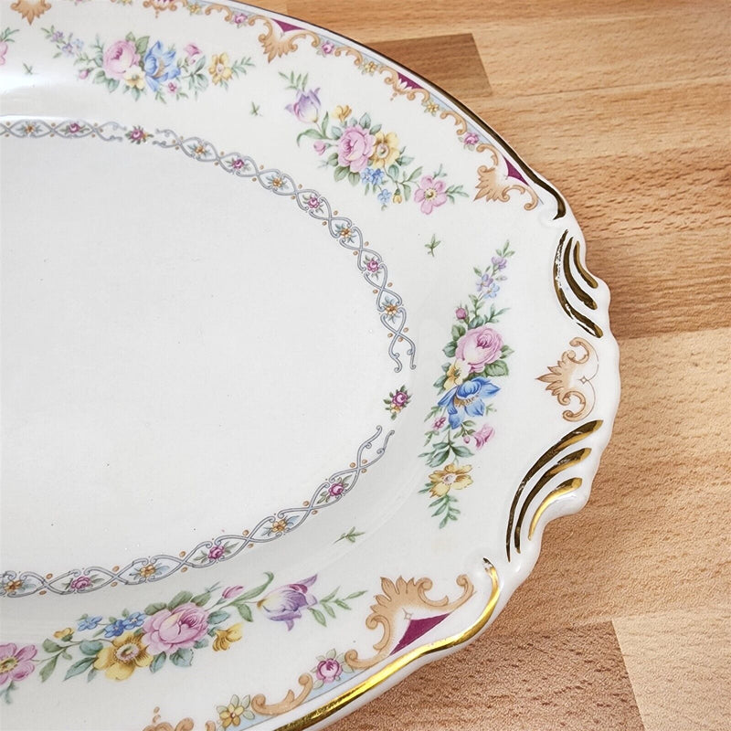 Load image into Gallery viewer, Marlene by Syracuse Oval Serving Platter 12&quot; Floral Sprays Maroon &amp; Blue Border
