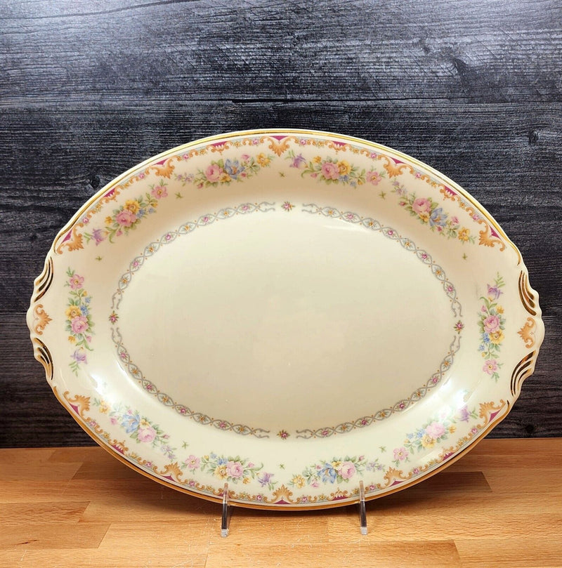 Load image into Gallery viewer, Marlene by Syracuse 14&quot; Oval Serving Platter Floral Sprays Maroon &amp; Blue Border
