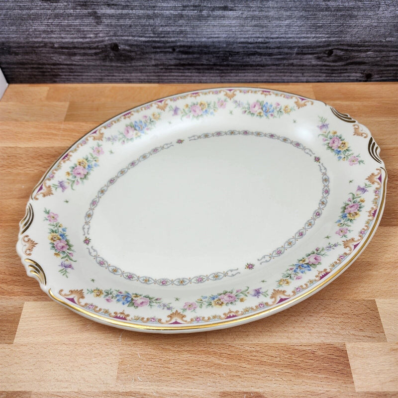 Load image into Gallery viewer, Marlene by Syracuse 14&quot; Oval Serving Platter Floral Sprays Maroon &amp; Blue Border
