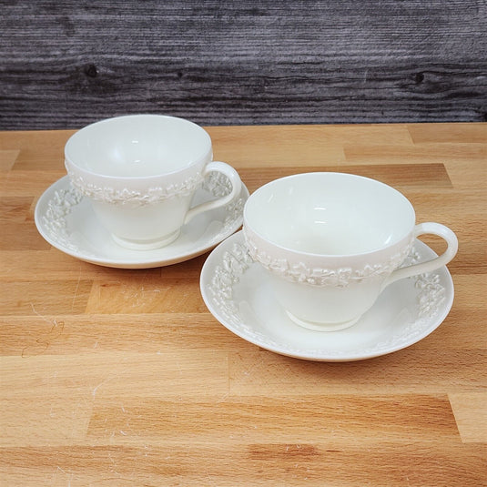 Wedgwood Cream Tea Cup & Saucer 2 Set Embossed Mug Queens Ware Etruria Barlaston