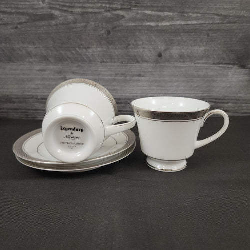 Noritake Legendary Crestwood Platinum Set of 2 Teacup & Saucers 4166 Coffee Mugs