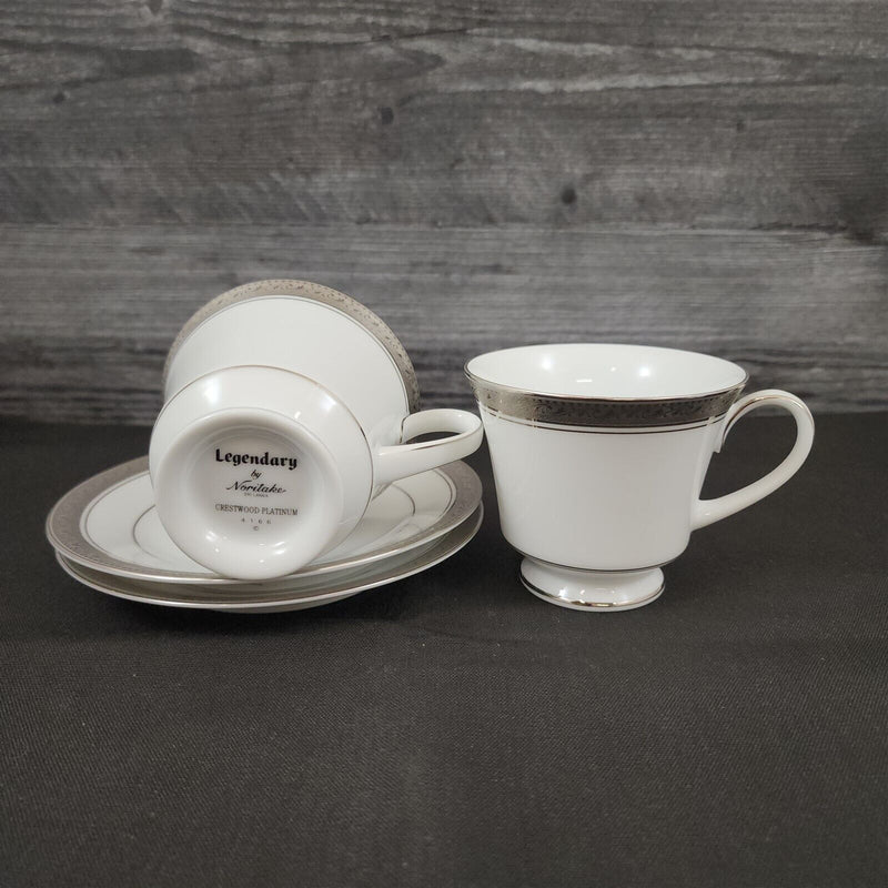 Load image into Gallery viewer, Noritake Legendary Crestwood Platinum Set of 2 Teacup &amp; Saucers 4166 Coffee Mugs
