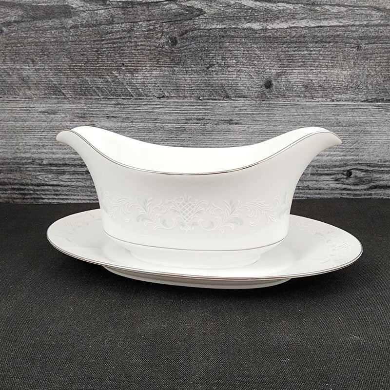 Load image into Gallery viewer, Sango Florence Gravy Boat with Attached Under Plate Gray Scrolls Japan 3646
