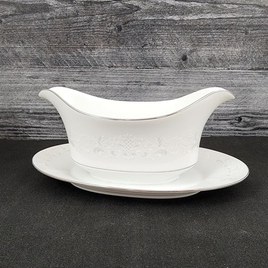 Sango Florence Gravy Boat with Attached Under Plate Gray Scrolls Japan 3646