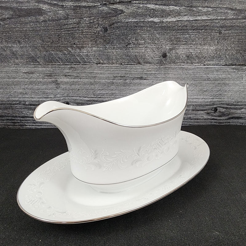 Load image into Gallery viewer, Sango Florence Gravy Boat with Attached Under Plate Gray Scrolls Japan 3646
