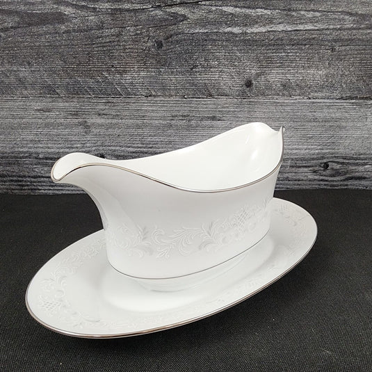 Sango Florence Gravy Boat with Attached Under Plate Gray Scrolls Japan 3646