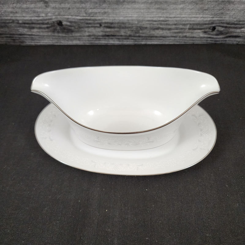 Load image into Gallery viewer, Sango Florence Gravy Boat with Attached Under Plate Gray Scrolls Japan 3646
