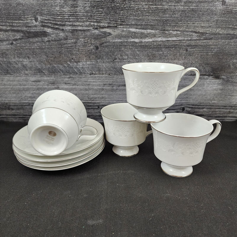 Load image into Gallery viewer, Sango Florence Saucer &amp; Tea Cup Set of 4 Coffee Mug Gray Scrolls Japan 3646
