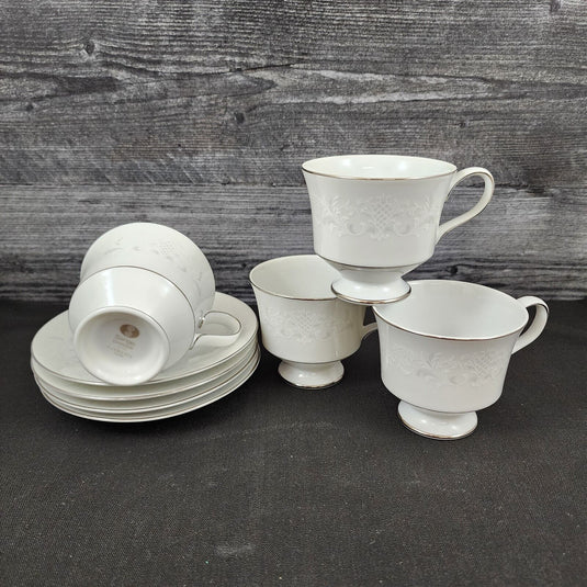 Sango Florence Saucer & Tea Cup Set of 4 Coffee Mug Gray Scrolls Japan 3646