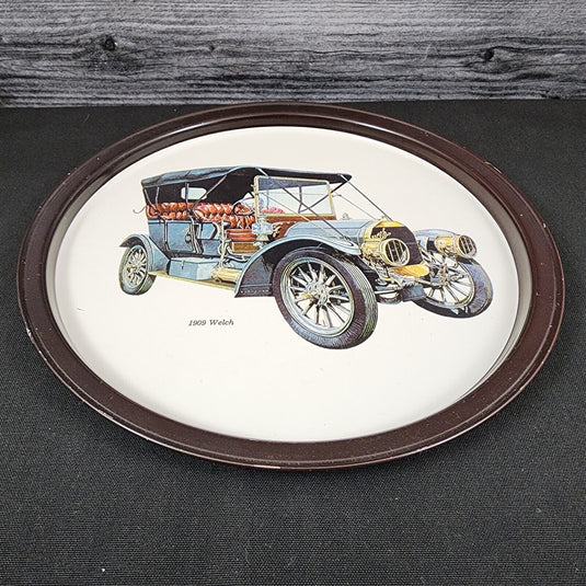 Welch 1909 Antique Car Collectible Serving Tin Tray VTG Metal Atlantic Can Co