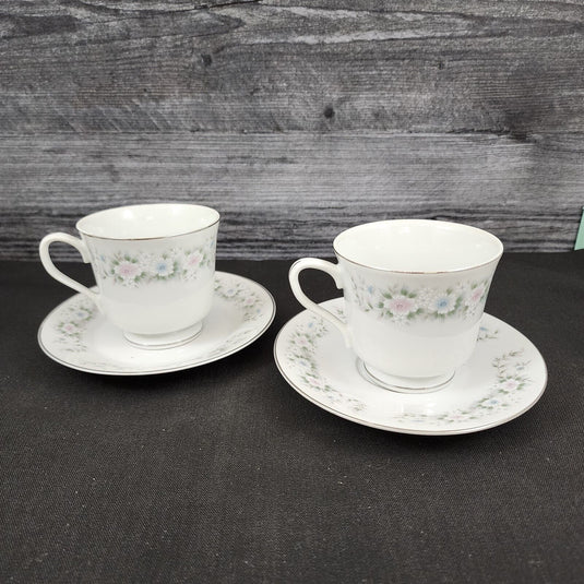 Sango Flower Garden Saucer & Tea Cup 2 Set Coffee Mug Oxford Pink Blue Japan 535